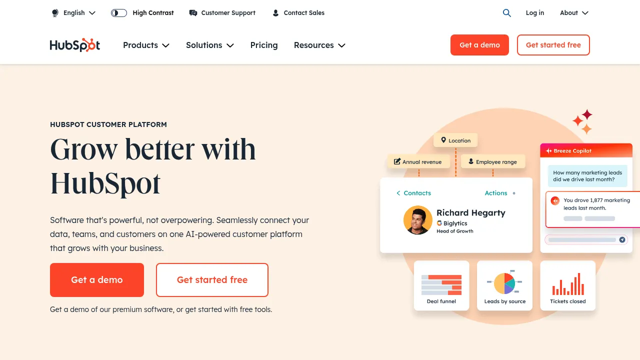 A screenshot of Hubspot